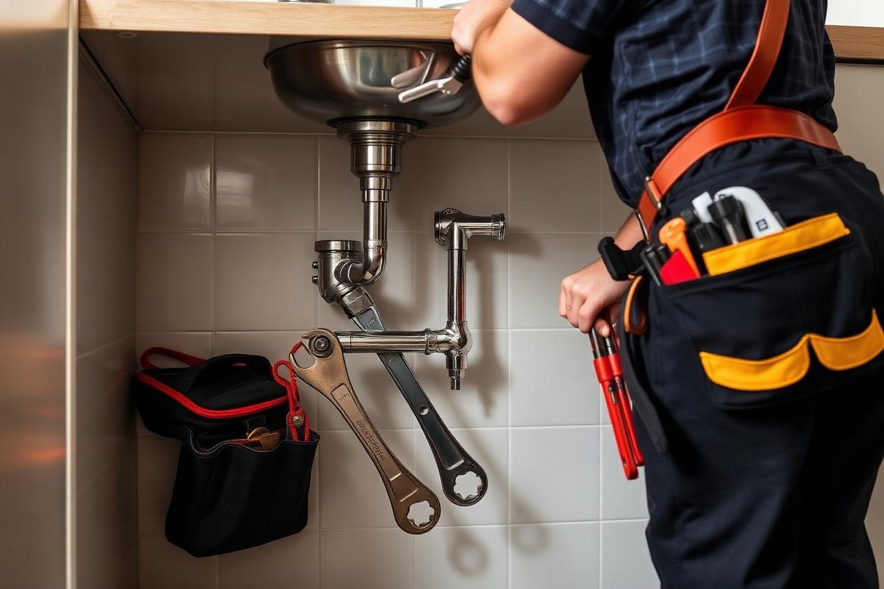 Plumber with tools repairing under-sink plumbing in a kitchen