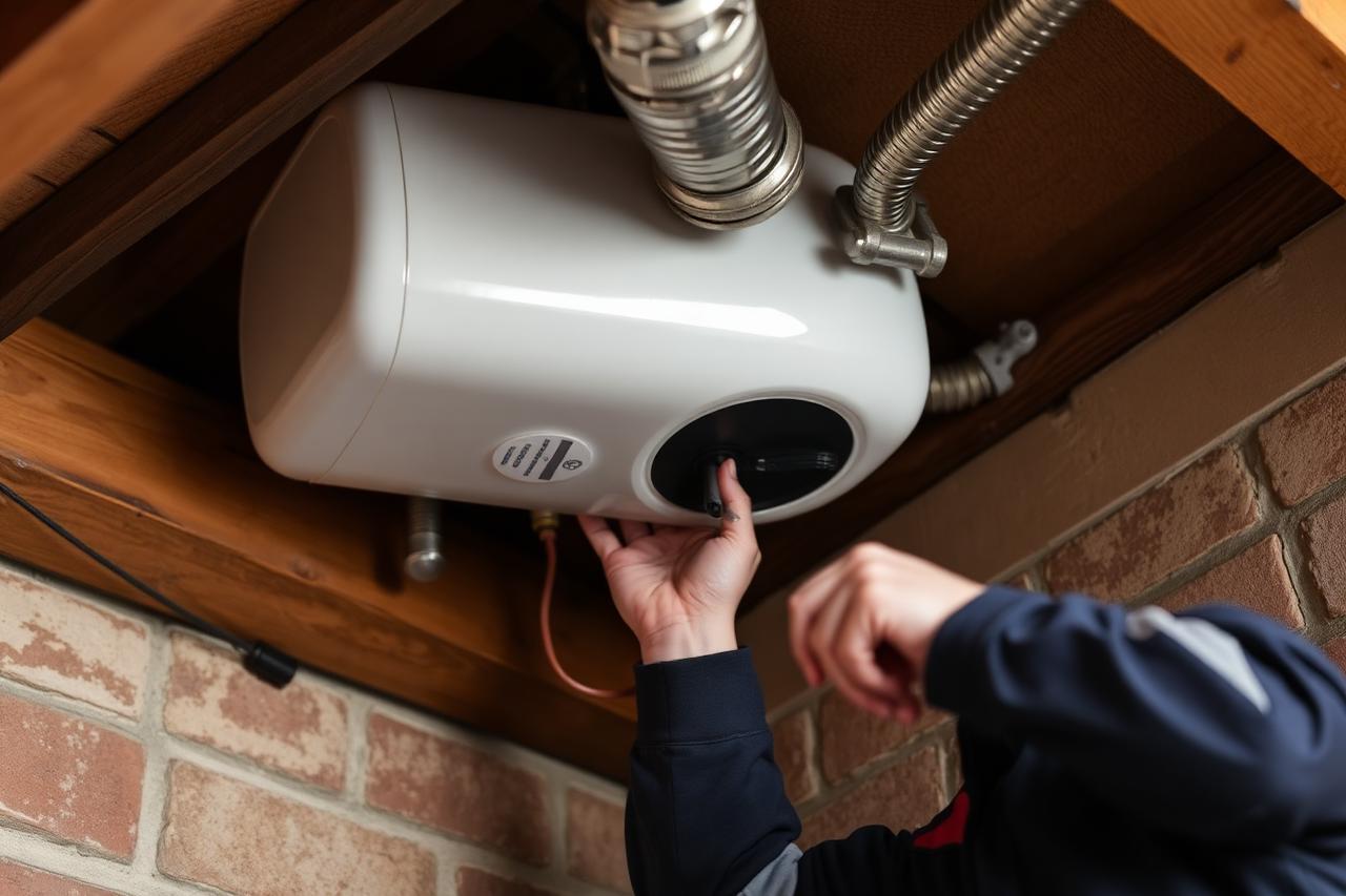 Plumber repairing an electric geyser in a roof space with a spanner
