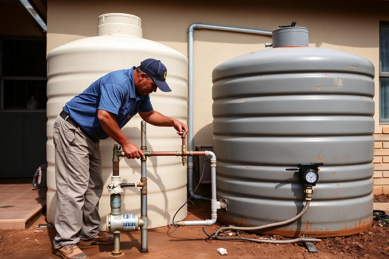 Plumber installing filtration and pump equipment on a household water supply